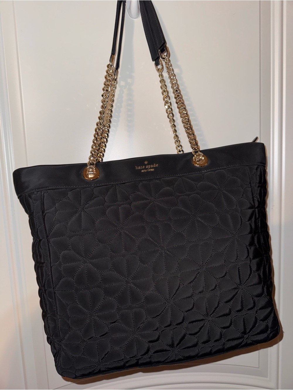 kate spade black quilted floral tote with gold chain straps